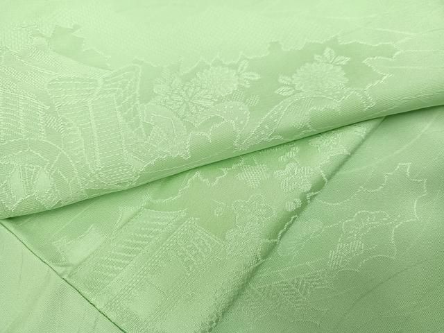 平和屋着物●上質な色無地 御所車草花地紋 裏葉柳色 正絹 AABC0662ph