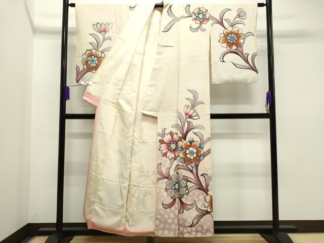 平和屋着物▽上質な小紋 単衣 扇面草花文 暈し染め 金彩