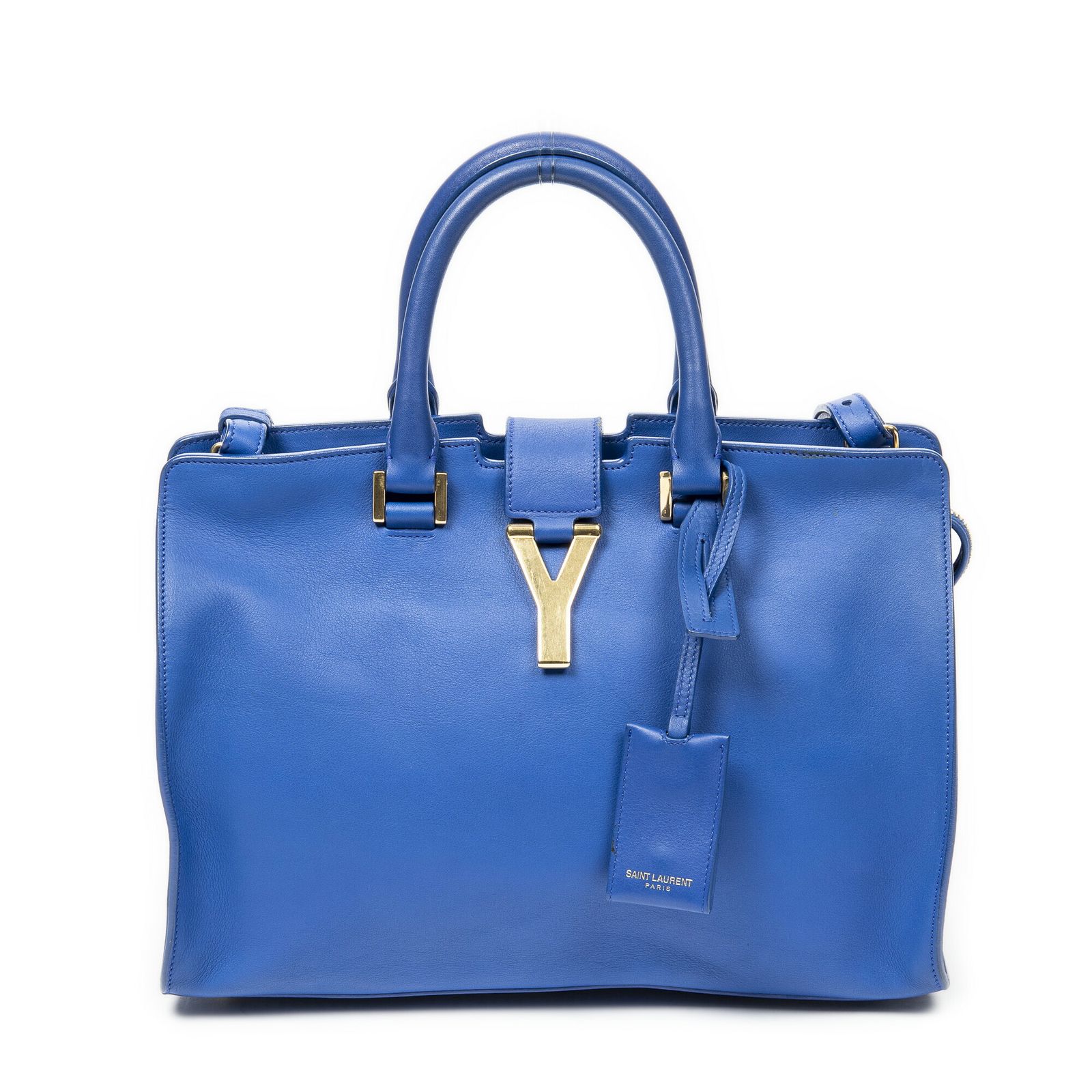 YVES SAINT LAURENT イヴサンローランスモール クラシック Y カバ青カーフスキンレザーA