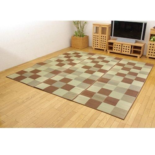 【新品・4営業日で発送】イケヒコ 純国産 い草花ござカーペット 『ブロック』 ブラウン 江戸間6畳（約261×352cm）
