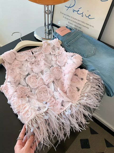 立体デザイン 花 スタッズ×フリンジ レースカーディガン (T)
