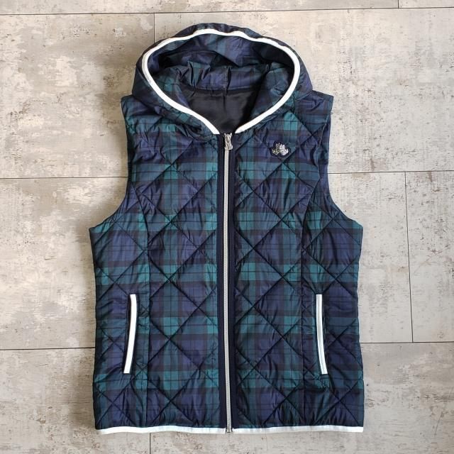 ブラック＆ホワイト ☆ チェック柄 キルティング ベスト フード付 L ゴルフ ブラック＆ホワイト ☆ チェック柄 キルティング ベスト フード付 L ゴルフ