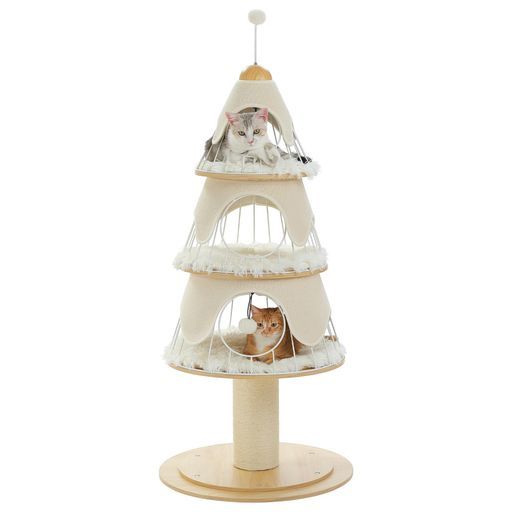 PAWZRoad 在庫一掃 キャットタワーおしゃれ猫タワー猫ハウス多頭飼いかわいい3階建て 太爪研ぎツリー型キャットツリークリスマスツリーペット用品スチール製取り外し 安定頑丈キ…