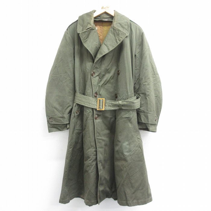 L/古着 長袖 ビンテージ ミリタリー オーバー コート ジャケット メンズ 40s ロング丈 ライナー付き 緑系 グリーン 内側ウール spe 23dec19