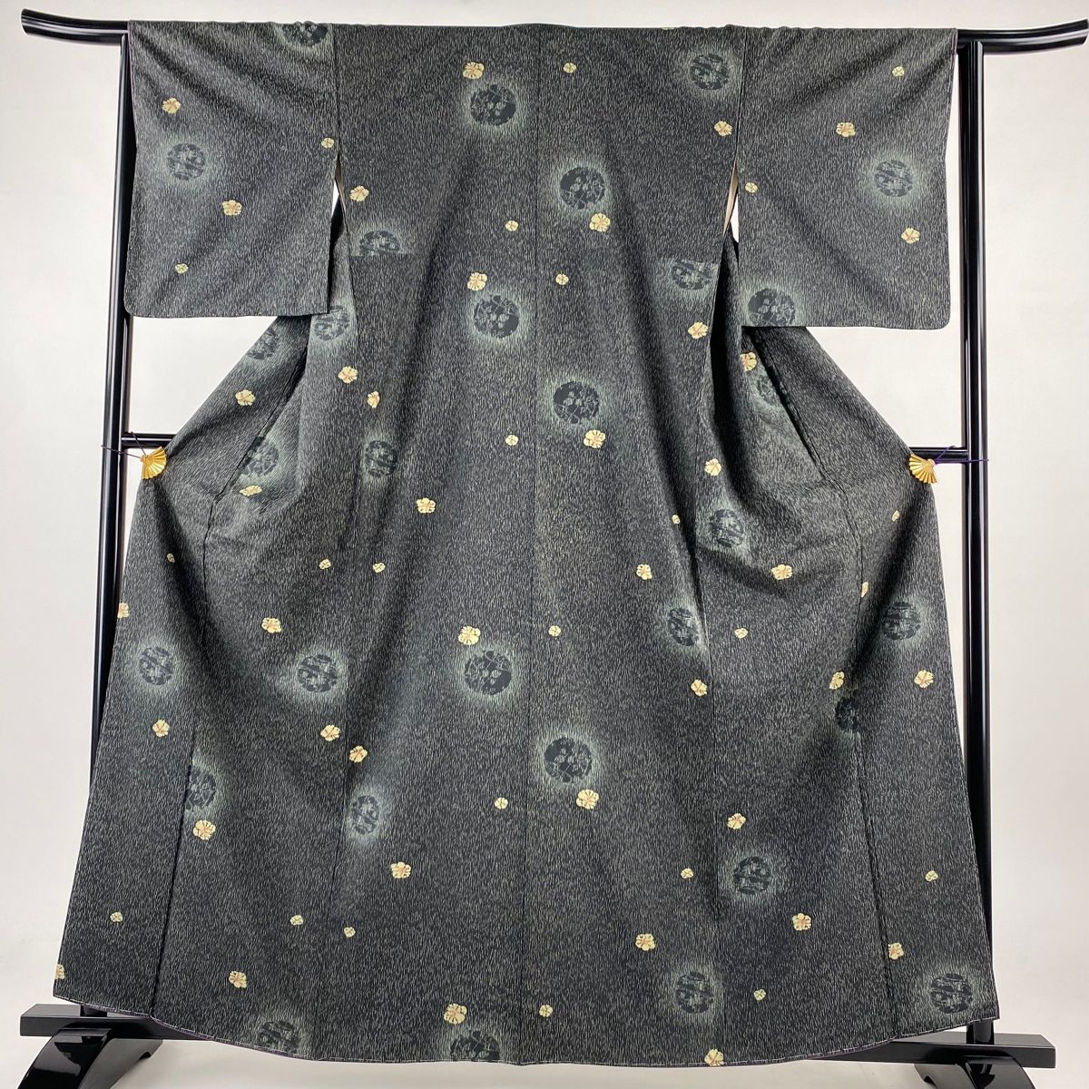 小紋 身丈161cm 裄丈64cm M 袷 大島紬地 証紙 草花 幾何学 深緑 正絹 名品