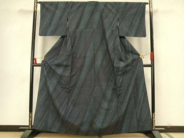 平和屋着物▽本塩沢 単衣 110亀甲 斜縞 正絹 逸品 AABB6212jh 平和