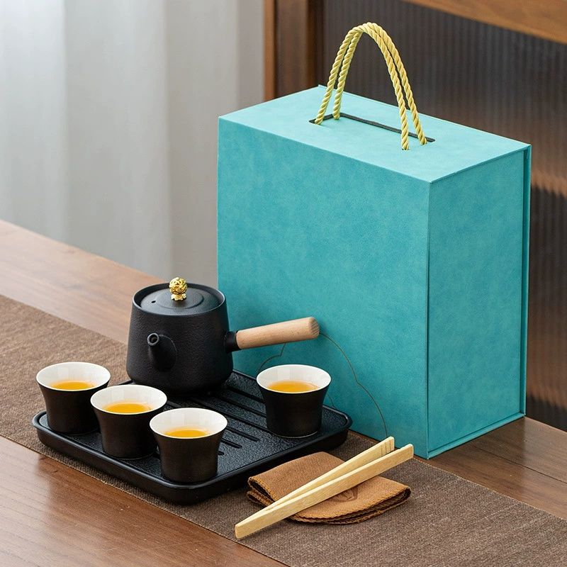 日本黒セラミック側ハンドル ポット茶セット 1 つのポット 4 カップ茶トレイと完全なセラミック茶セット
