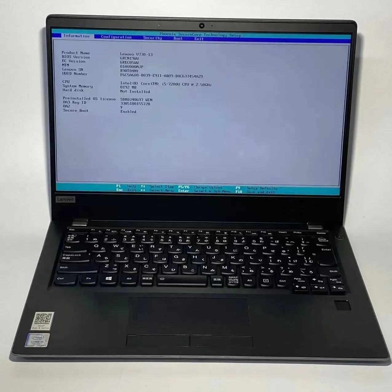 2203 ジャンク Lenovo V730-13 Core I3 7130U 8GB 簡易確認 部品取りに