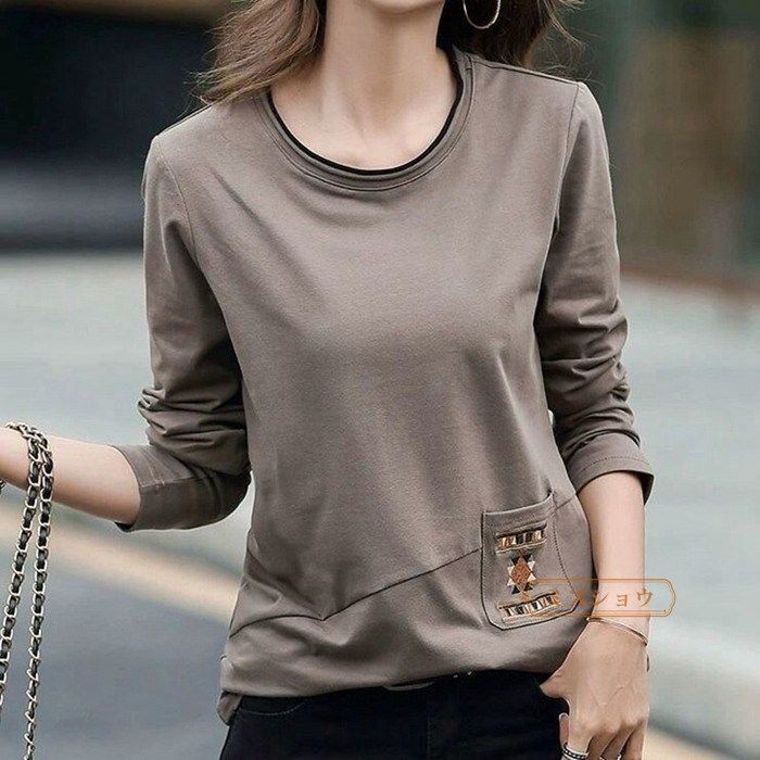 Tシャツ レディース 長袖 カットソー ロンT クルーネック 刺繍