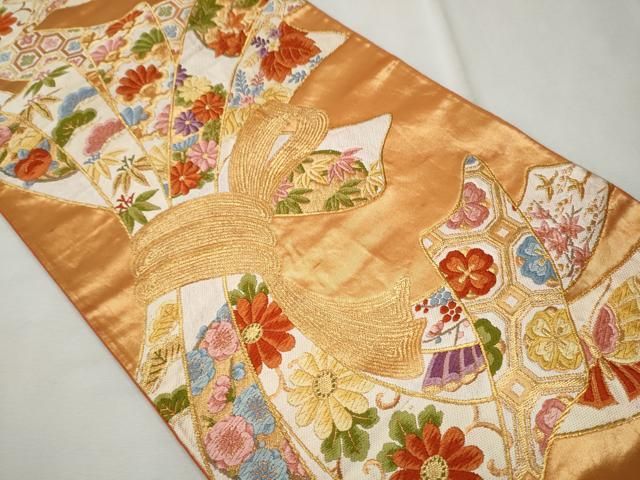 平和屋着物●西陣　河合美術織物謹製　つけ帯　栄昌綴　手織　鏡裏秀栄文　金糸　正絹　逸品　CABE8598hy 平和屋着物○西陣 河合美術織物謹製 六通柄袋帯 唐織 錦繍慶長熨斗文