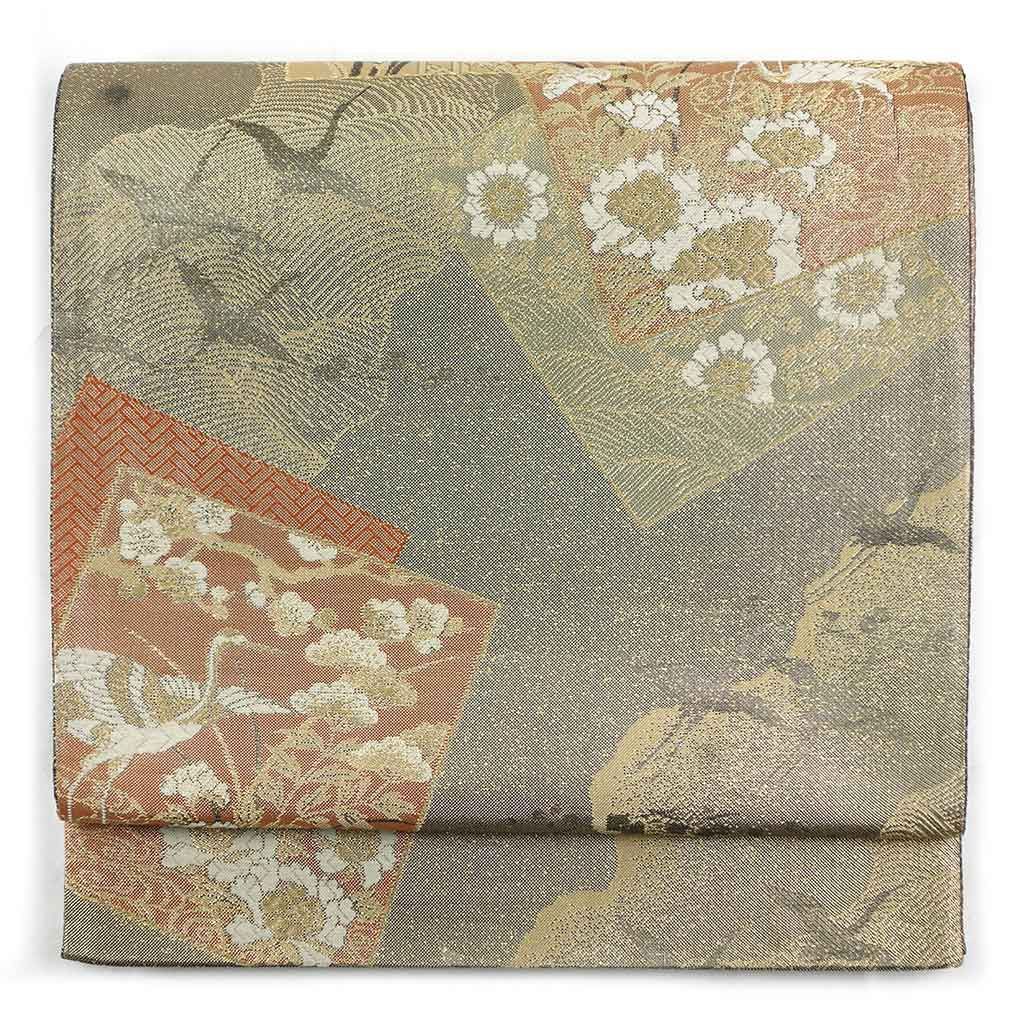 袋帯 幅31cm 長さ435cm レディース 花柄 秋冬春用 正絹 シルク ゴールド リメイク リユース リサイクル 呉服のきくや