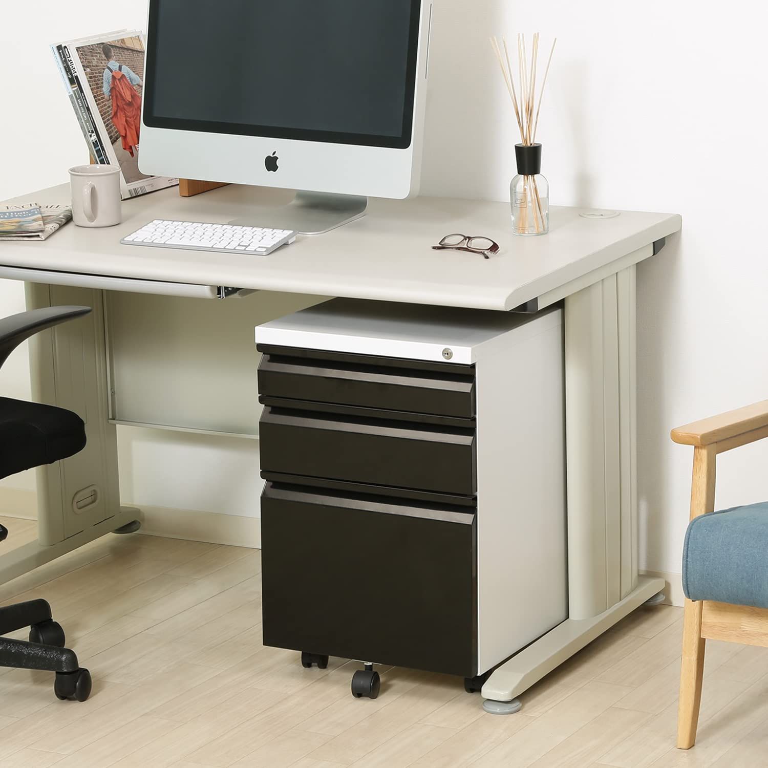 不二貿易 キャビネット デスクワゴン 3段 幅39.5cm ブラック キャスター付き 鍵付き A4対応 ルイン 84710