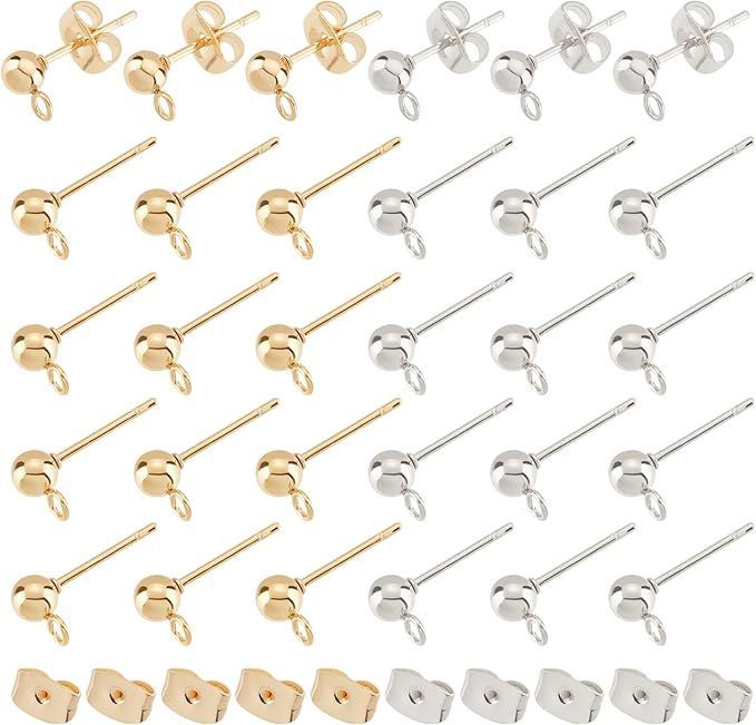 UNICRAFTALE 約120個 2色 丸玉ピアス 4mm ピアスパーツ 304ステンレス製 スタッドイヤリング カン付き ボールスタッド ピアスキャッチ付き ポストピアス 金具 耳飾り メンズレディジュエリー イヤ