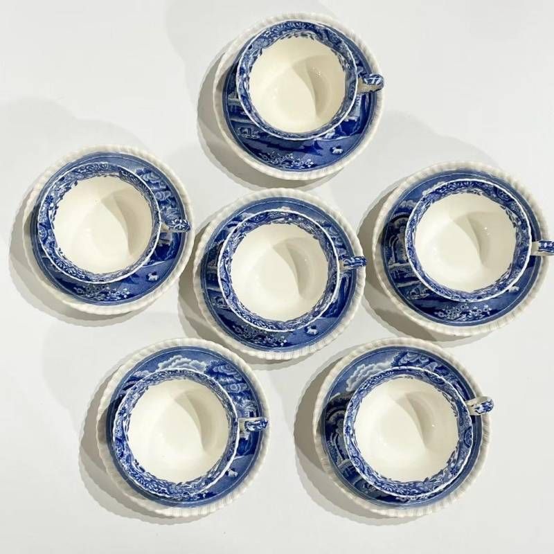 8点セット spode スポード ブルー イタリアン ティー セット カップ-ソーサー 6客 ティーポット ミルクポッド クリーマー 食器