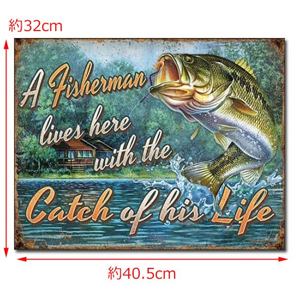 メタルサイン ”FISHING” フィッシング 釣り ブラックバス 看板 ビンテージ風 32cm×40.5cm