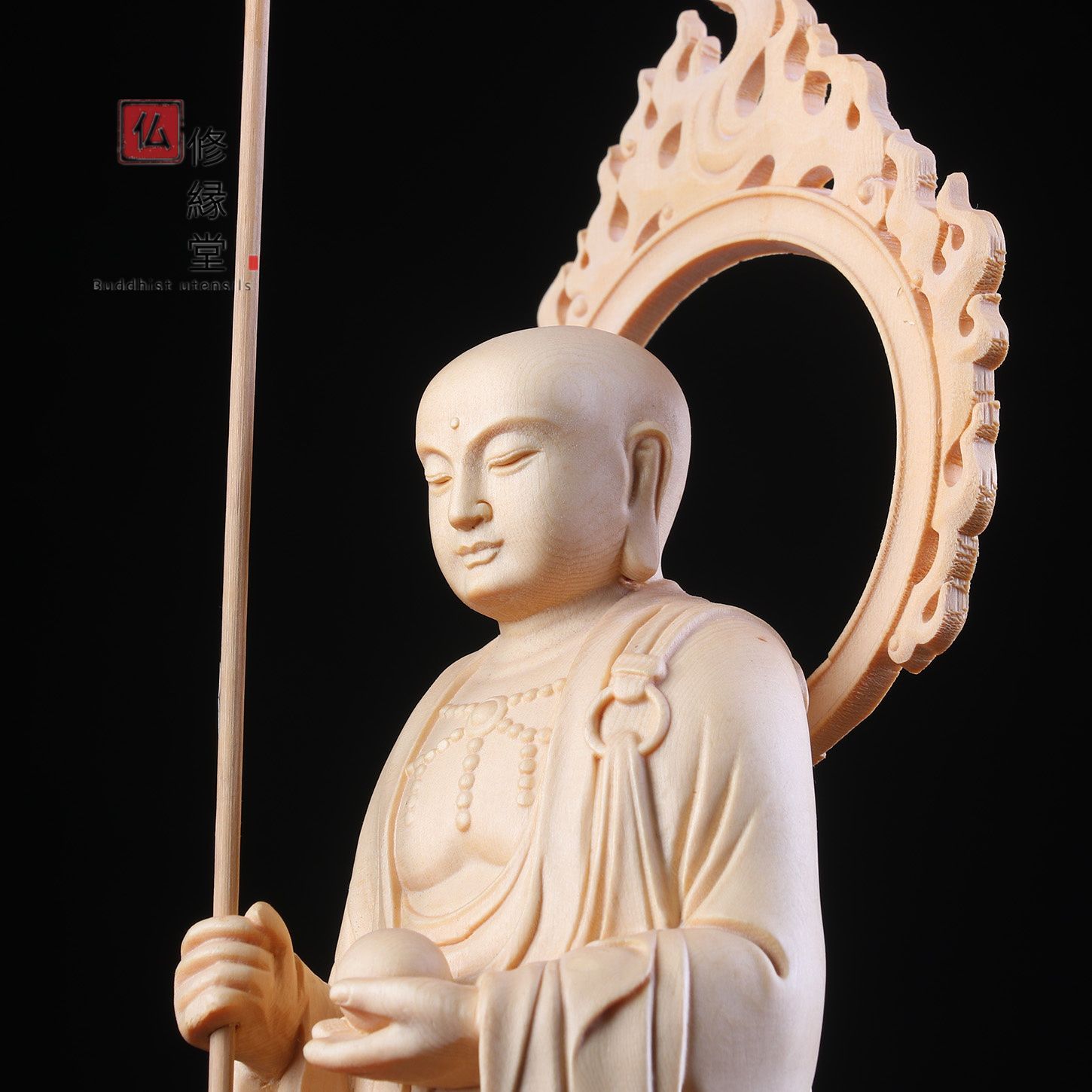 修縁堂】木彫り 仏像 地蔵王菩蕯立像 彫刻 一刀彫 天然木檜材 仏師で 