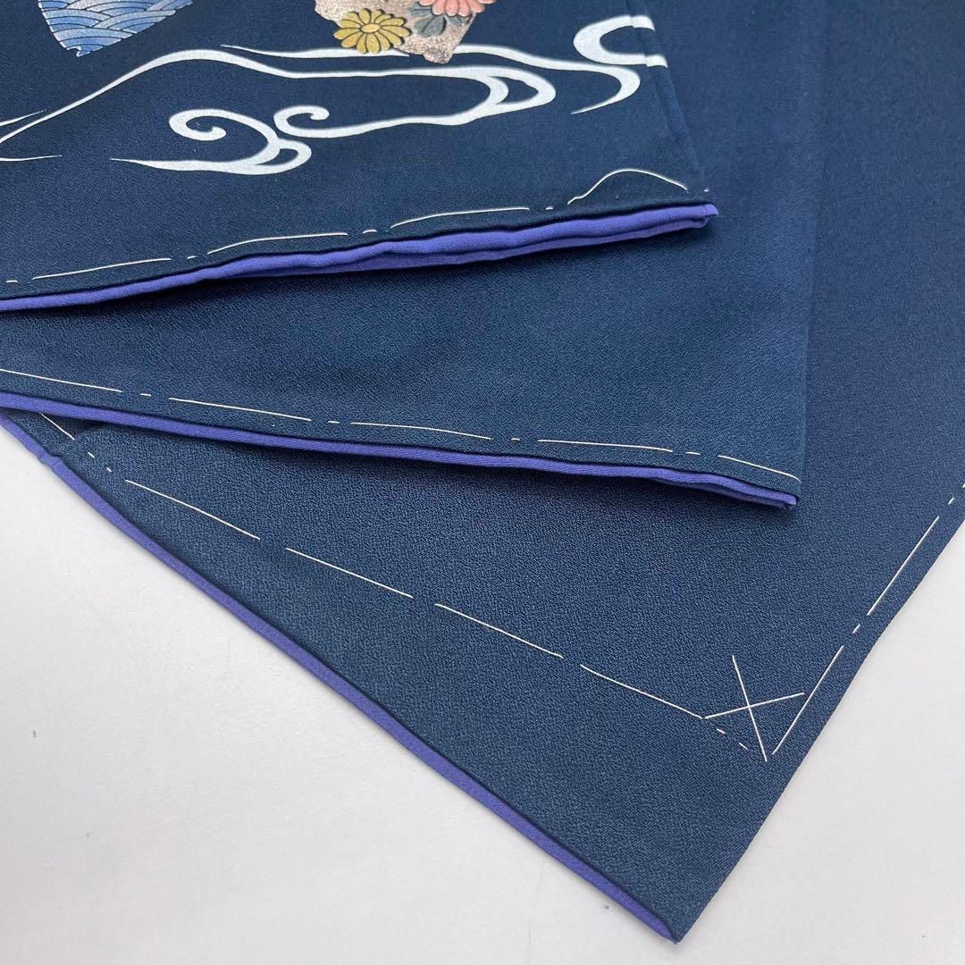 付下げ 四角の中に花模様 流水 椿 菊 萩 金駒刺繍 濃紺色 K-3851  