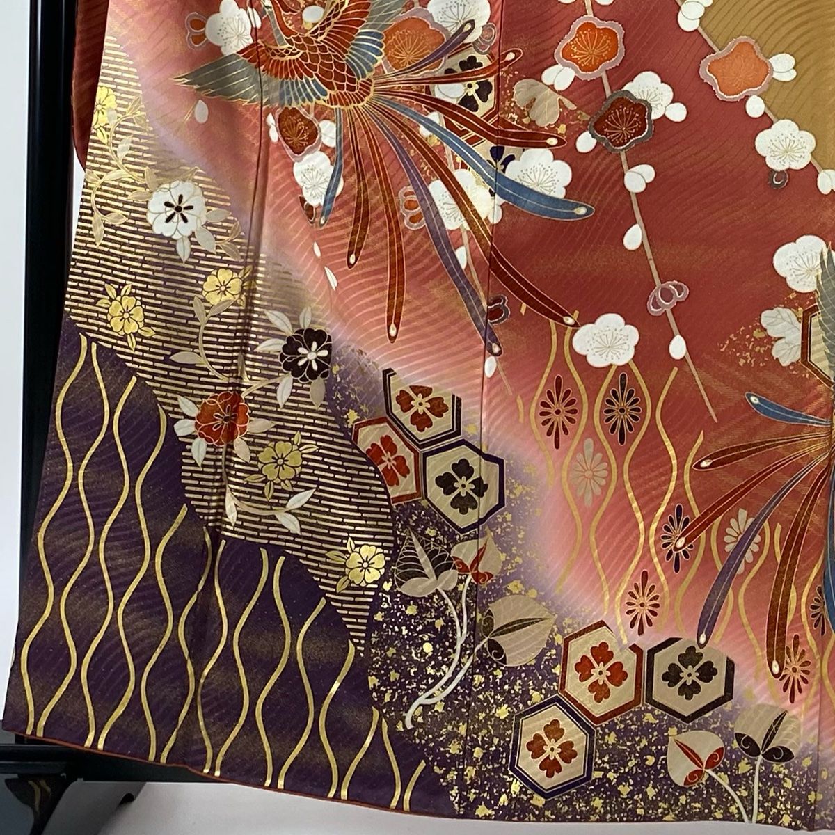 振袖 身丈162cm 裄丈65.5cm M 袷 袋帯フルセット 尾長鶏 枝梅 金彩 ぼかし ピンク 正絹 秀品