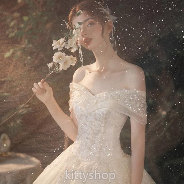 ウェディングドレス オフショルダー Vネック プリンセスドレス ロング 結婚式ドレス ホワイト シャンパン色 ドレス Aライン 披露宴 二次会ドレス