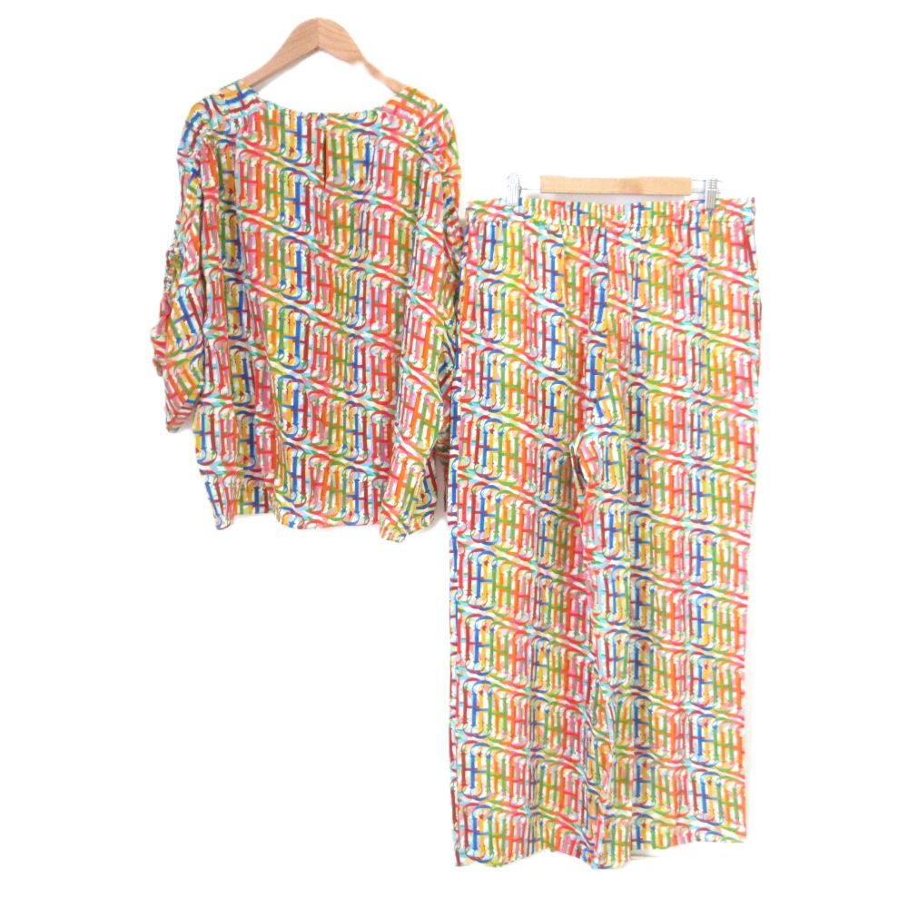 CAROLINA HERRERA キャロライナヘレラ CHマルチ ロゴプリント ブラウス ワイドパンツ セットアップ サイズL マルチカラー レディース 古着