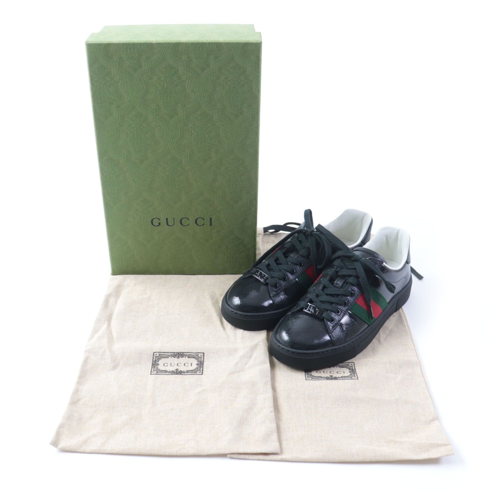 極美品★GUCCI グッチ 760774 ウェブ ストライプ ウィメンズ スニーカー エース レザー GGクリスタル ローカットスニーカー ブラック  35 箱・保存袋付き イタリア製 レディース 定価115,500円