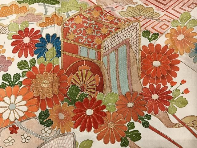 平和屋着物□豪華振袖 駒刺繍 鴛鴦御所車枝花文 金彩 正絹 逸品  