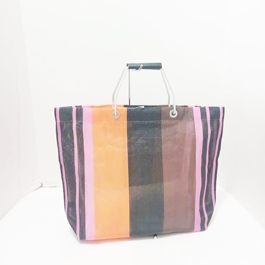 MARNI(マルニ) トートバッグ美品 - 黒×オレンジ×ピンク ストライプ 化学繊維×金属素材×レザー