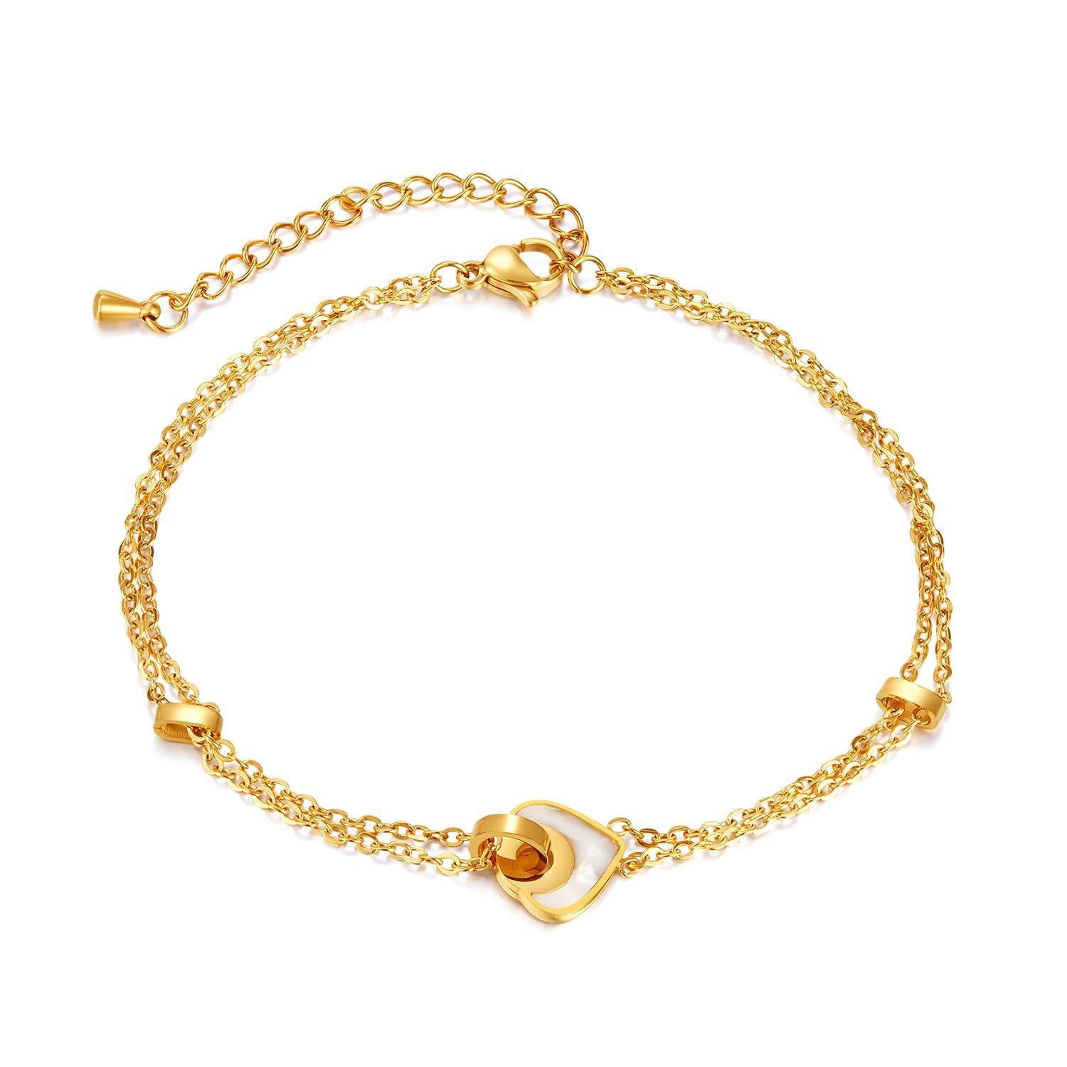 金属アレルギー対応 調整 マザーオブパール ハートチャーム プレゼント ゴールド ステンレススチール レディース アンクレット