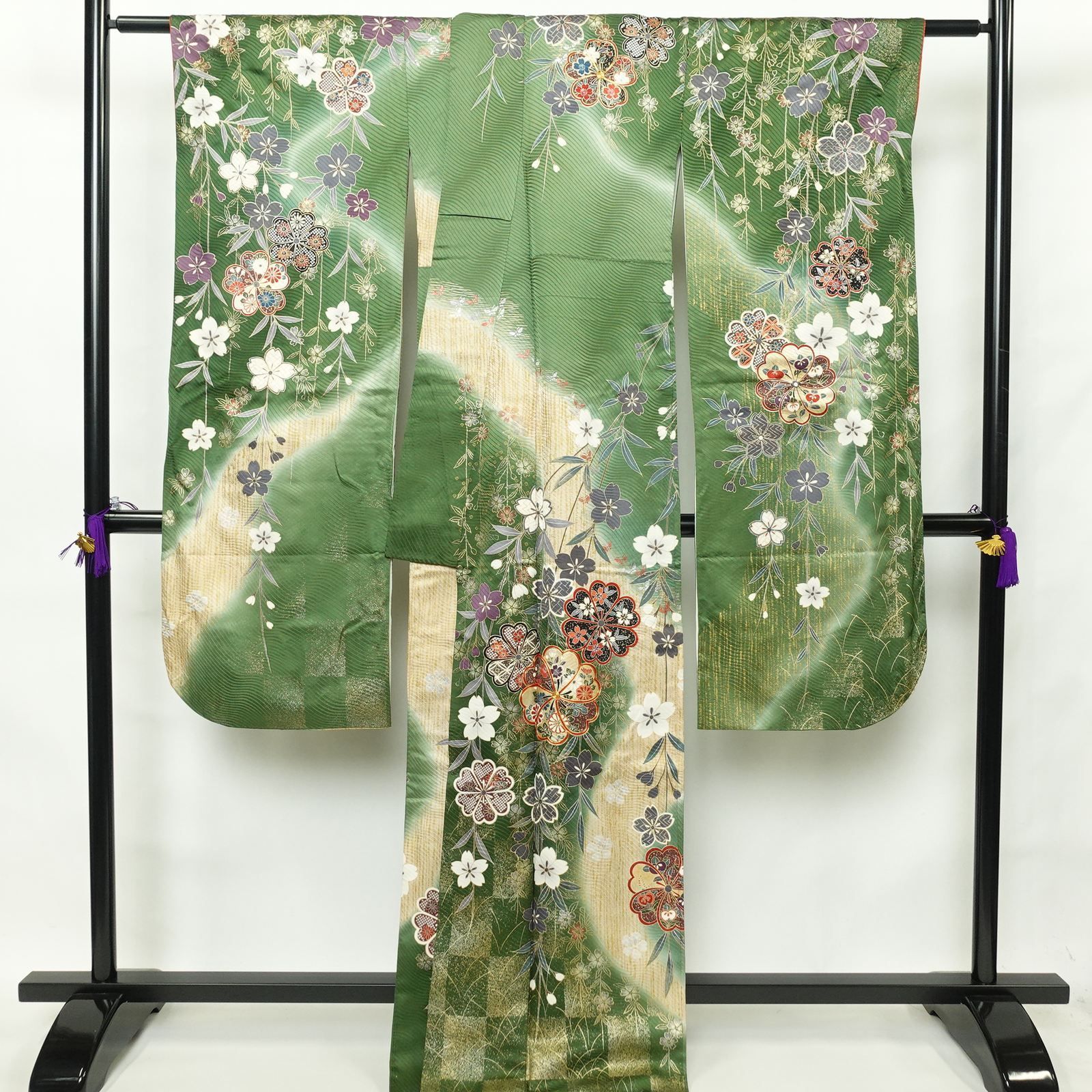 正絹 振袖 金駒 花柄 緑青系 袷