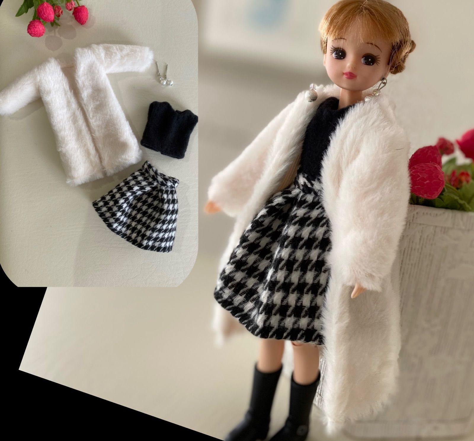 リカちゃんハンドメイド服 白いファーコートコーデ4点セット - becky