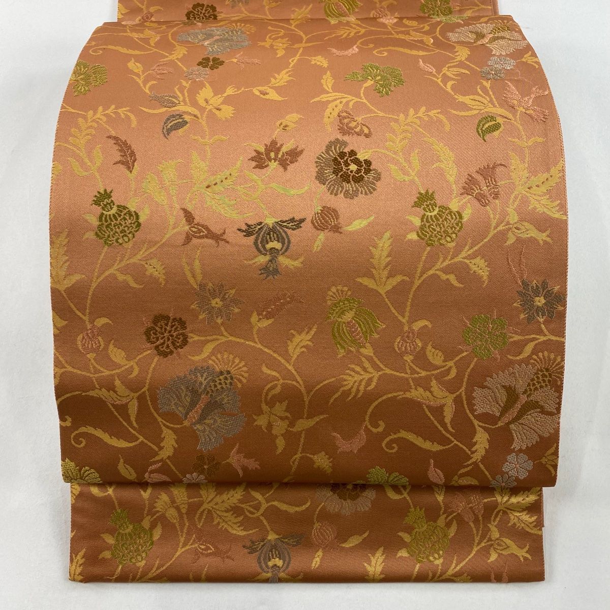 袋帯 秀品 西陣織 生命の樹 花唐草 箔 ピンクベージュ 六通 正絹