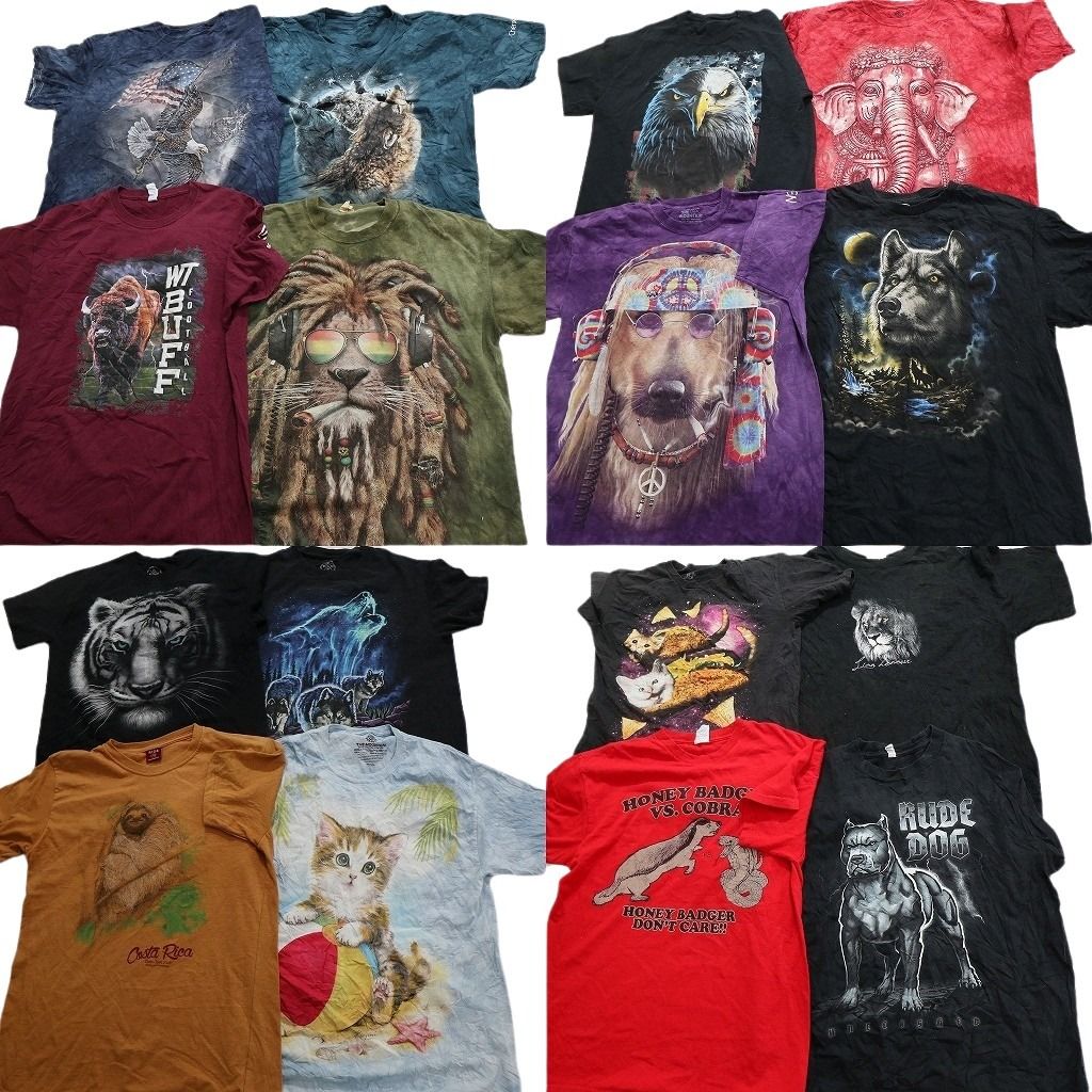 古着卸 アニマル 動物 半袖Tシャツ 16枚セット メンズ M |L 大判プリント タイダイ柄 犬 ライオン ネコ 古着 NA8909