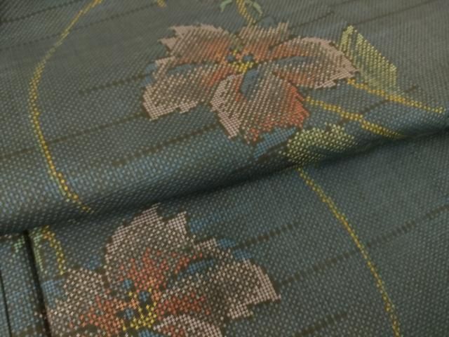 平和屋着物▽本場大島紬 単衣 7マルキ 花唐草文 反端付き