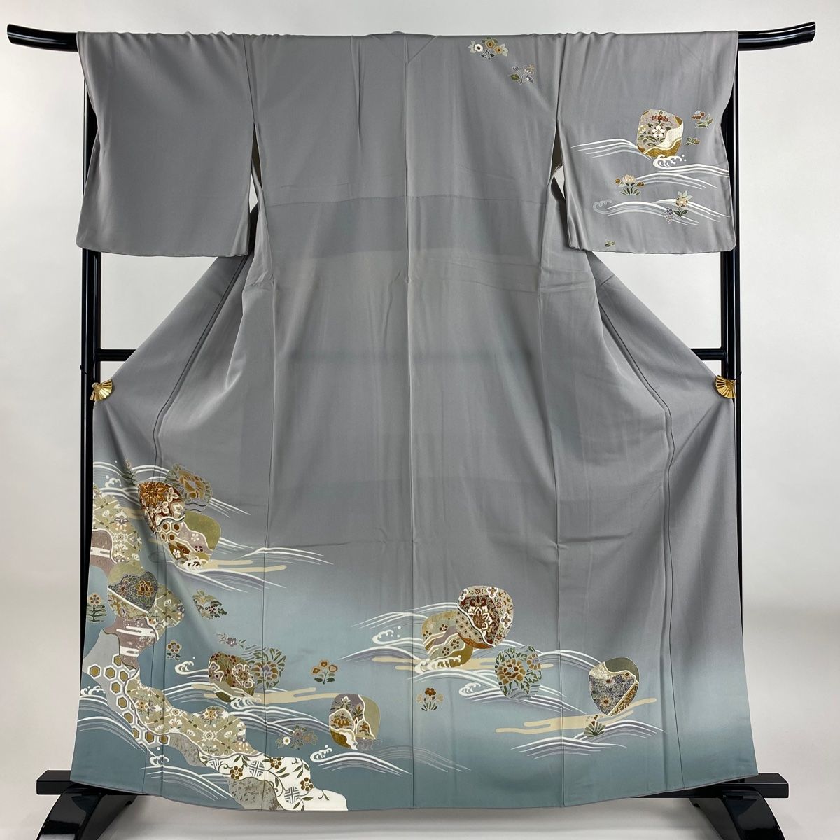 訪問着 身丈162cm 裄丈67cm M 袷 団扇 草花 金銀彩 ぼかし 灰色 正絹 秀品