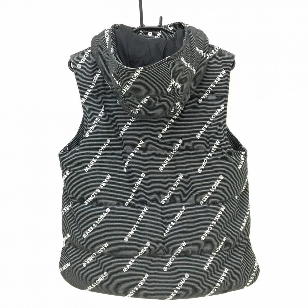 超 マークアンドロナ 2WAYダウンベスト 黒×白 ボーダー風 ロゴ総柄 フード着脱可 メンズ 48 L ゴルフウェア MARK&LONA
