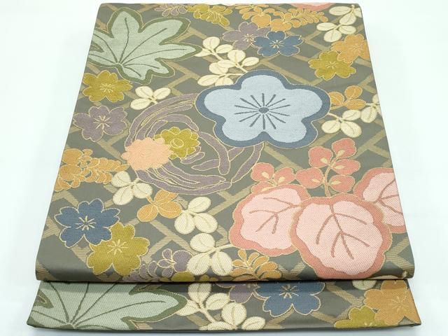 平和屋着物○西陣 川島織物 六通柄 本袋帯 草花吉祥文 金