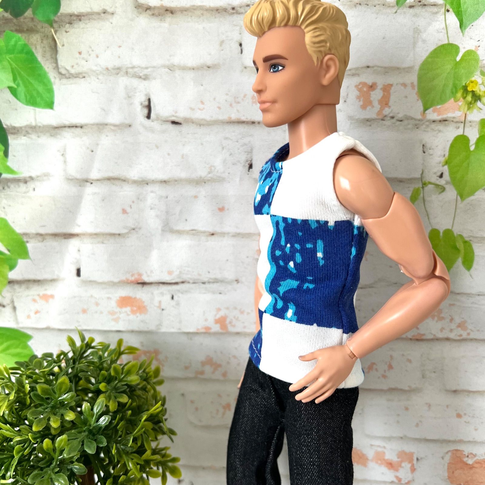 ハンドメイド バービー 人形 ケン 服 タンクトップ 白×ブルー