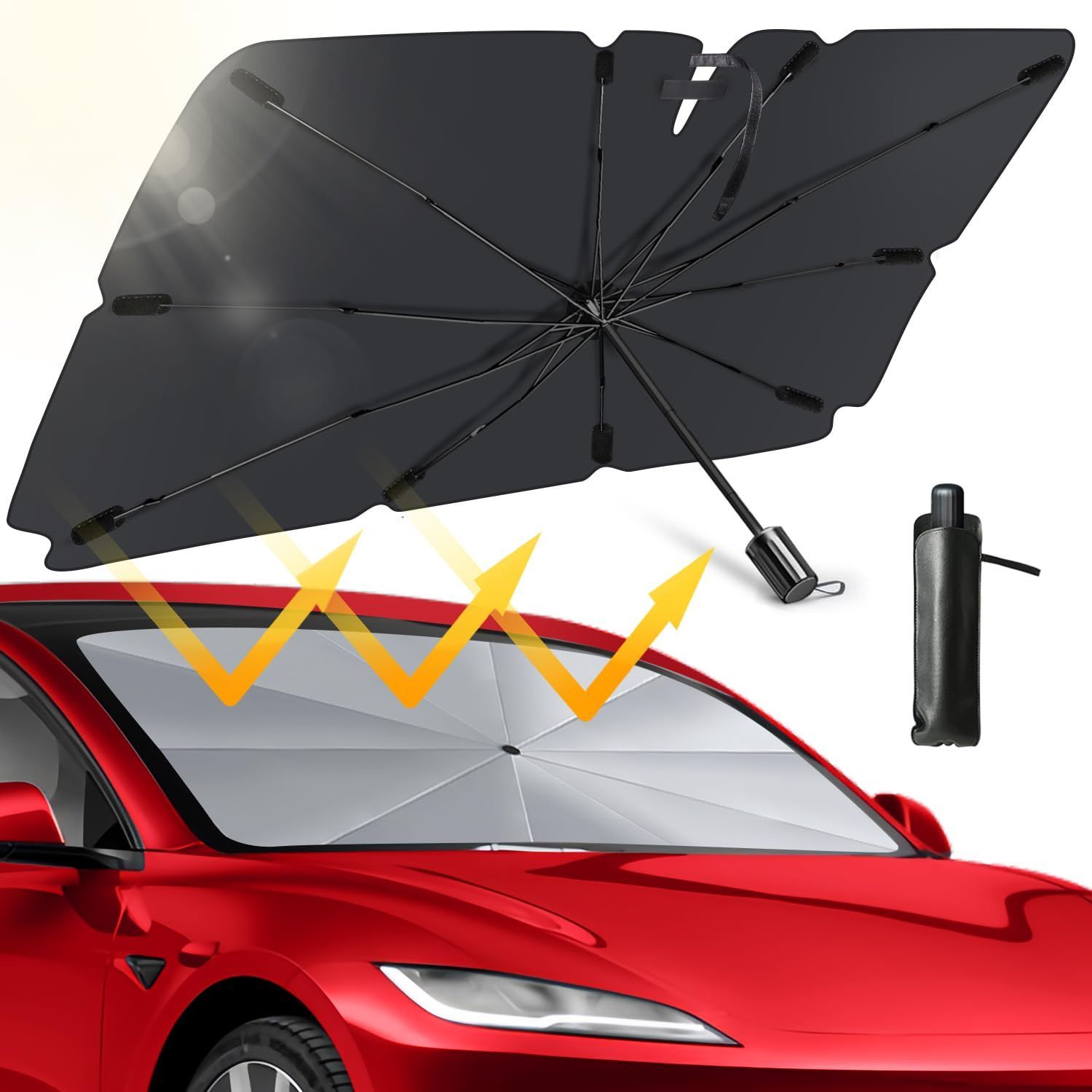 新品 サンシェード 車 フロント 【2024夏強化版 傘型車用サンシェード】 UVカット 遮光 遮熱 日除け 紫外線遮蔽 折り畳み式 頑丈 強化10本骨 バックミラー開き口 二つの開き口 露先保護カバー 
