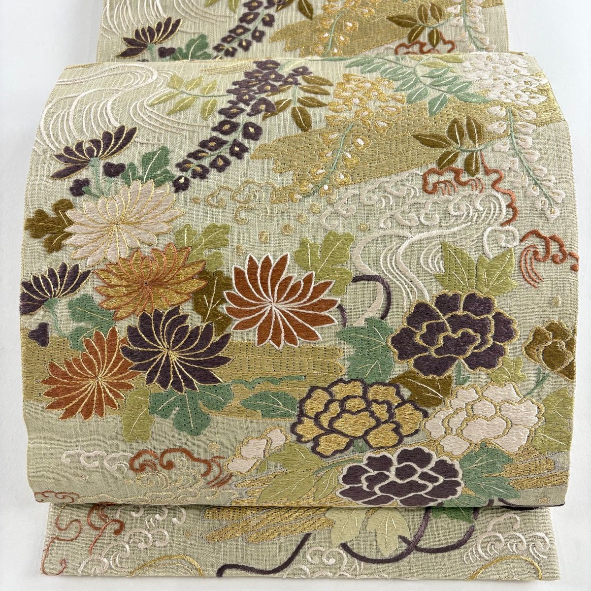 袋帯 夏帯 花筏 波 金糸 刺繍 薄緑 六通 正絹