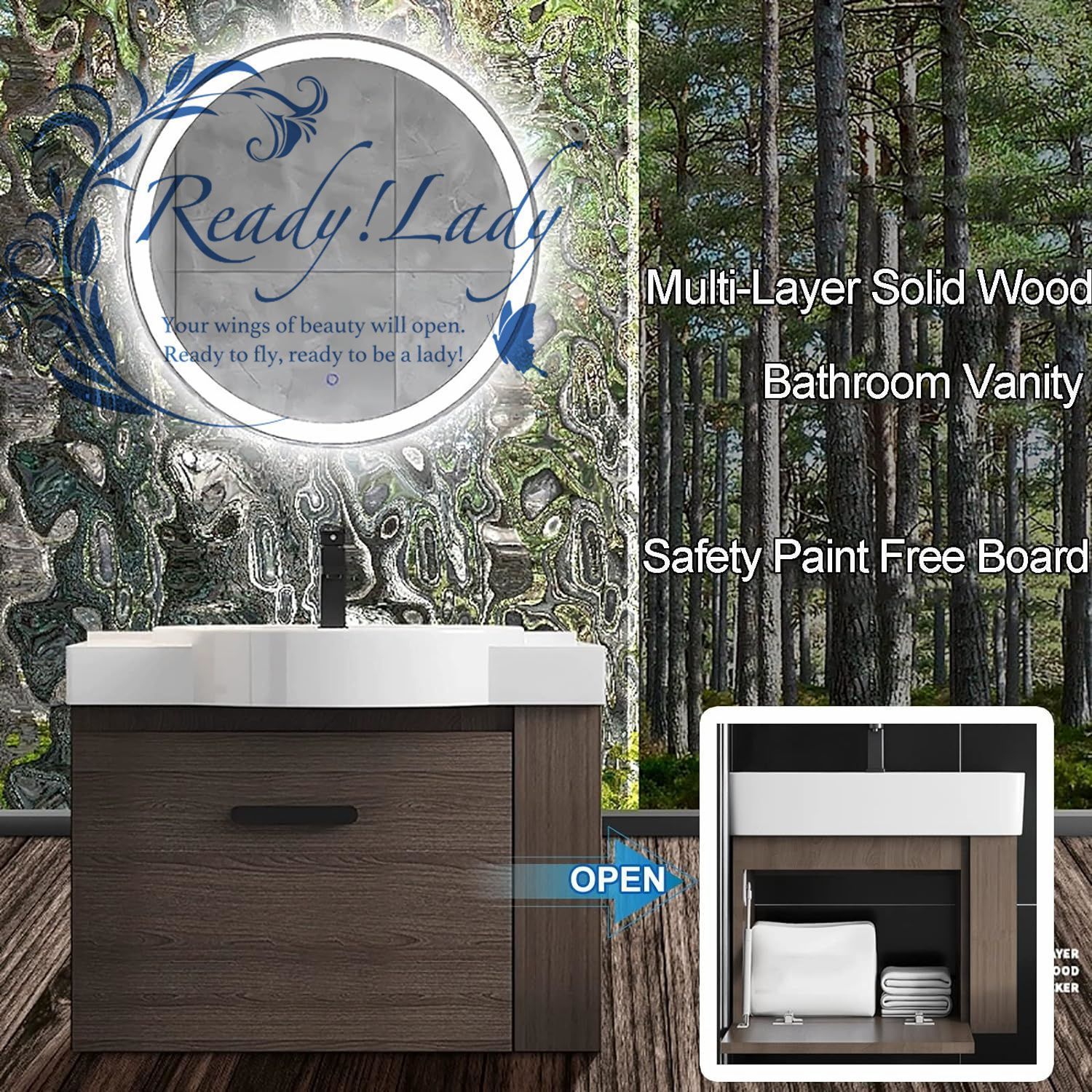 シンクトップ付き洗面化粧台キャビネット バスルーム収納キャビネット デフォガンドLEDライトミラー付き 60cm NEXPOTALLINN_EU