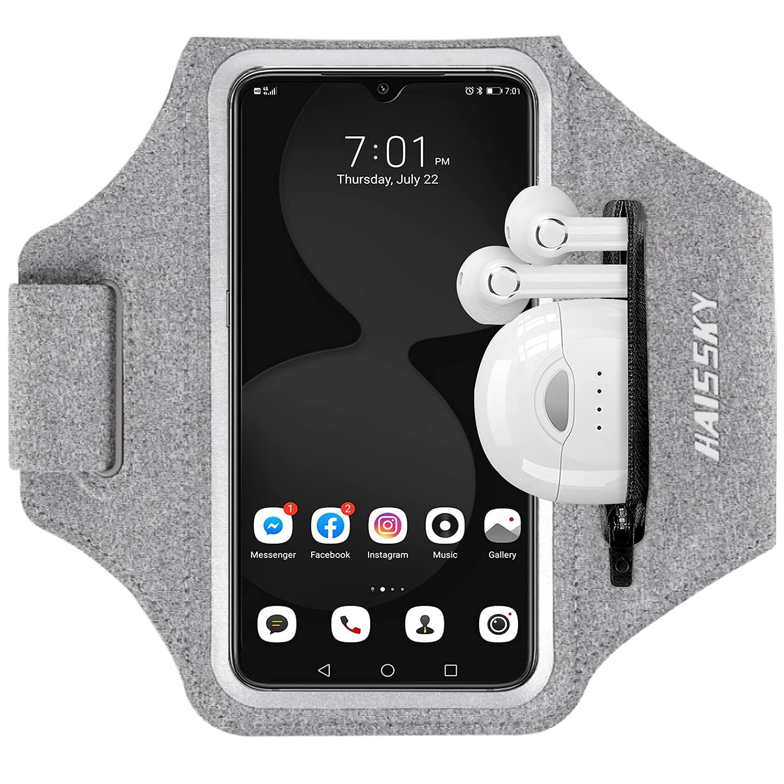 HAISSKY ランニングアームバンド Airpodsバッグ付き 携帯電話アームバンド iPhone 12/11 Pro /11/XR/XS/X/8用 Galaxy S9/S8 防水 スポーツ電話ホルダーケース ジッパースロッ [グレー(最大6.5インチ)。]