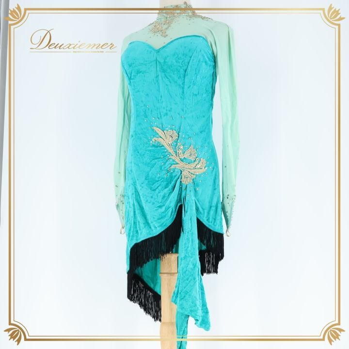 社交ダンス 衣装 SEKINE セキネ ラテン ドレス ワンピース ラテンドレス エメラルドグリーン デモ 競技 ベロア フリンジ 黒 ダンス パーティ 発表会 日本製 グリーン系 ブルー系 エレガント 大人用 おしゃれ ダンス発表会 競技用 おしゃれ