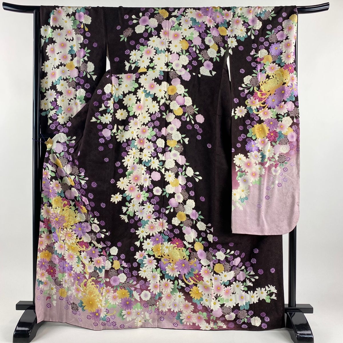 成人式振袖身丈160.5cm裄丈67cm雪輪 草花金糸金彩茶紫正絹美品セット中古 成人式振袖身丈160.5cm裄丈67cm雪輪 草花金糸金彩茶紫正絹美品セット