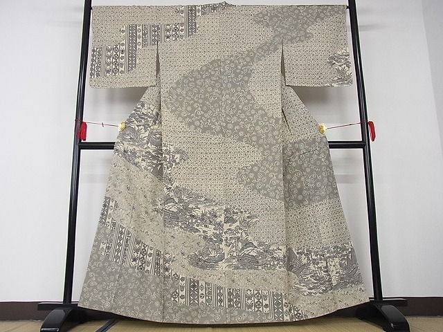 平和屋-こころ店□極上 訪問着 型染め 花織地紋 流水割付文 着丈159cm