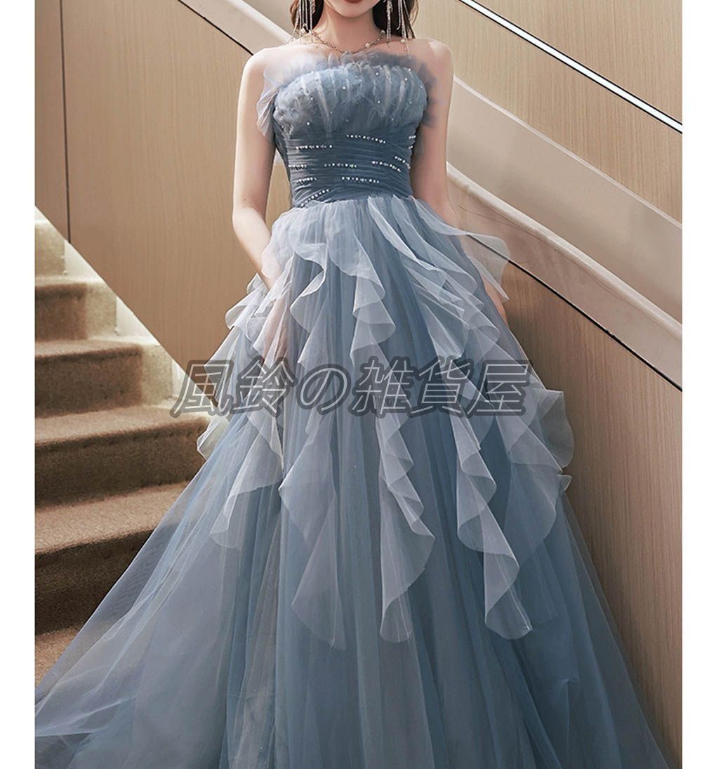 ♥ カラードレス プリンセスライン 青 ブルー パフスリーブ 長袖上品 ロングドレス ウェディングドレス 結婚式 二次会 花嫁 前撮り 演奏会 発表会 ステージ衣装 シフォン ふわふわ CAMPINGPARCCENTRAL_COM