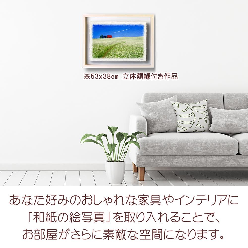 和紙の絵写真 「一面の白いソバの花畑と赤い家」 パネル付き 48x33cm