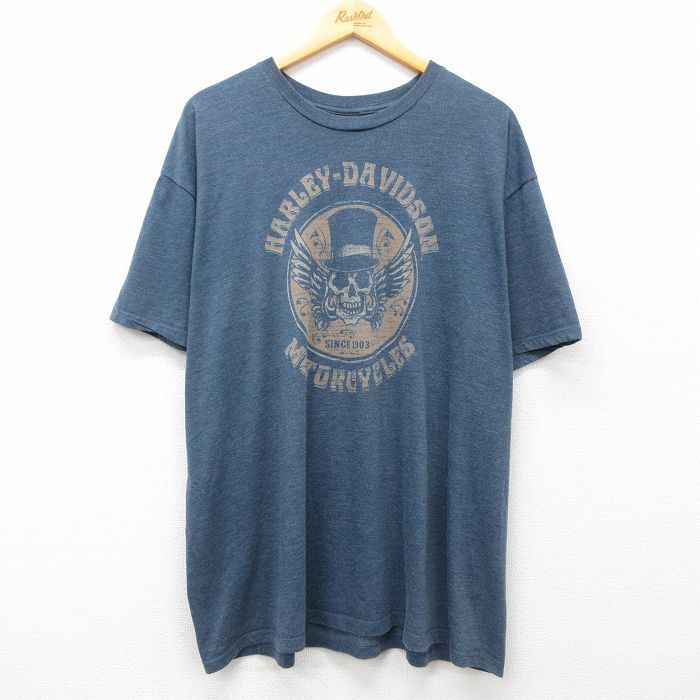 XL/古着 ハーレーダビッドソン 半袖 Tシャツ メンズ スカル 大きいサイズ クルーネック 紺 ネイビー 霜降り spe 25may09 