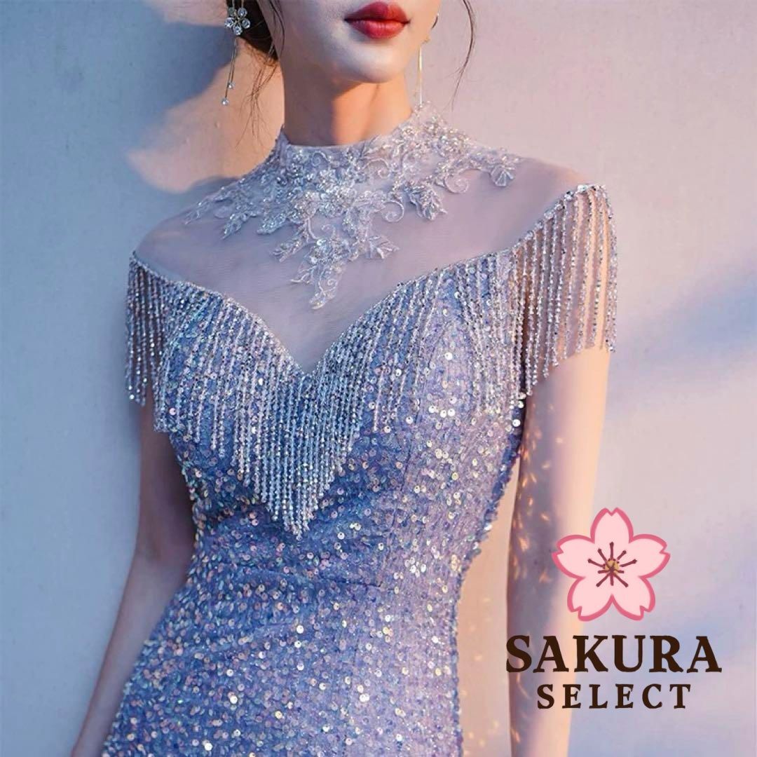 首元にお花のデザイン スパンコールにビジューイブニングドレス スパンコールにビジューの美しい イブニングドレス?.? - メルカリ