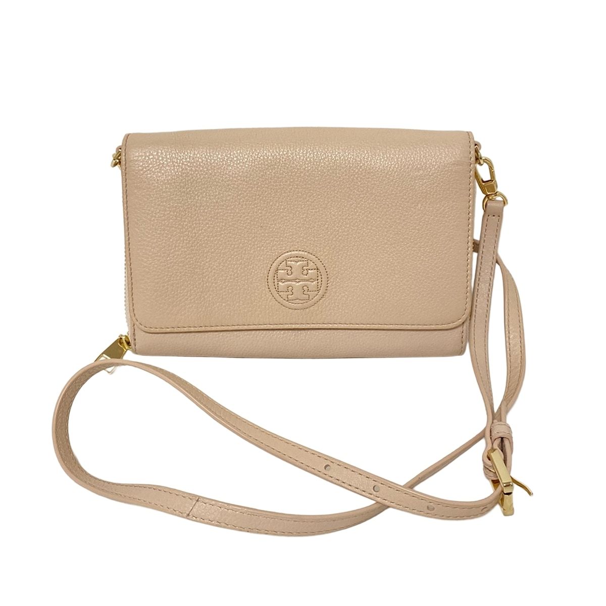 TORY BURCH トリーバーチ 財布 - ピンクベージュ ショルダーウォレット|ラウンドファスナー|ショルダーストラップ着脱| レザー