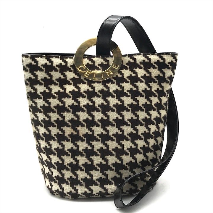 CELINE セリーヌ サークルロゴ 千鳥柄 ハラコ レザー ヴィンテージ ショルダー バッグ 肩掛け レディース ブラウン かばん a8787